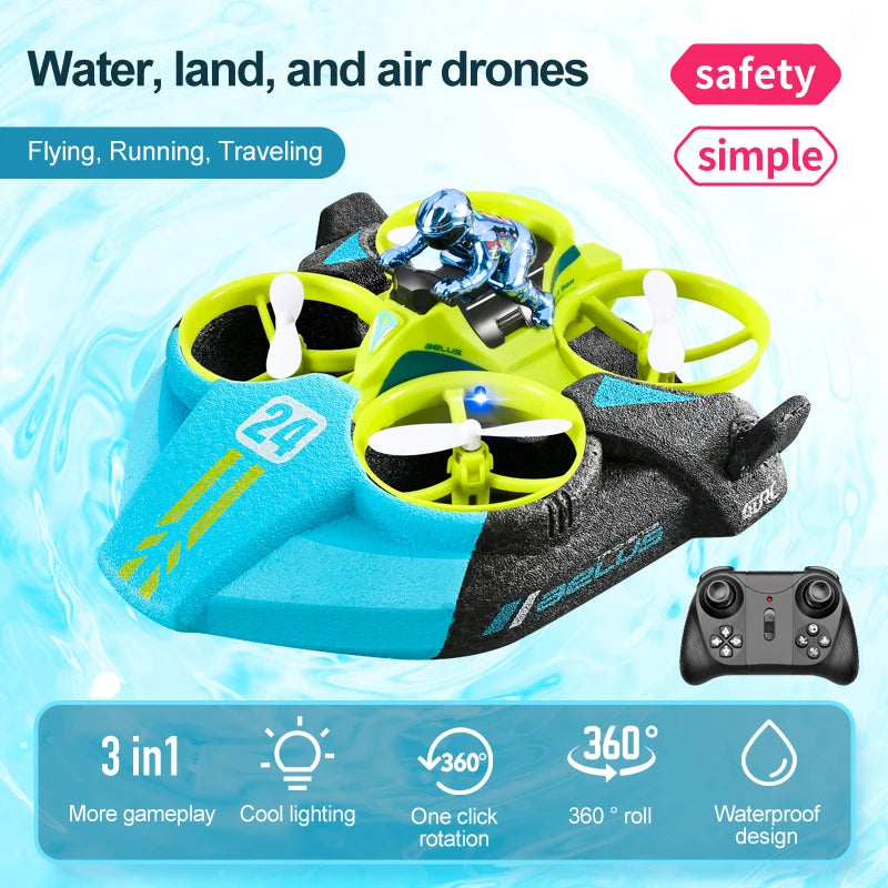 RC Mini Drone Altitude Hold Headless Mode 3 in 1 Sea Land Air Flight 2.4G Quadcopter Boat RC Helicopter Toys for Kids