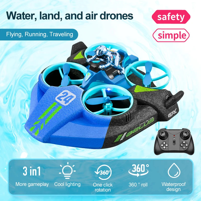 RC Mini Drone Altitude Hold Headless Mode 3 in 1 Sea Land Air Flight 2.4G Quadcopter Boat RC Helicopter Toys for Kids